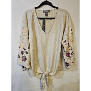 Olivia & Martin Women's Size 2X Blouse Top  Embroidered Kimono Sleeve Beige
